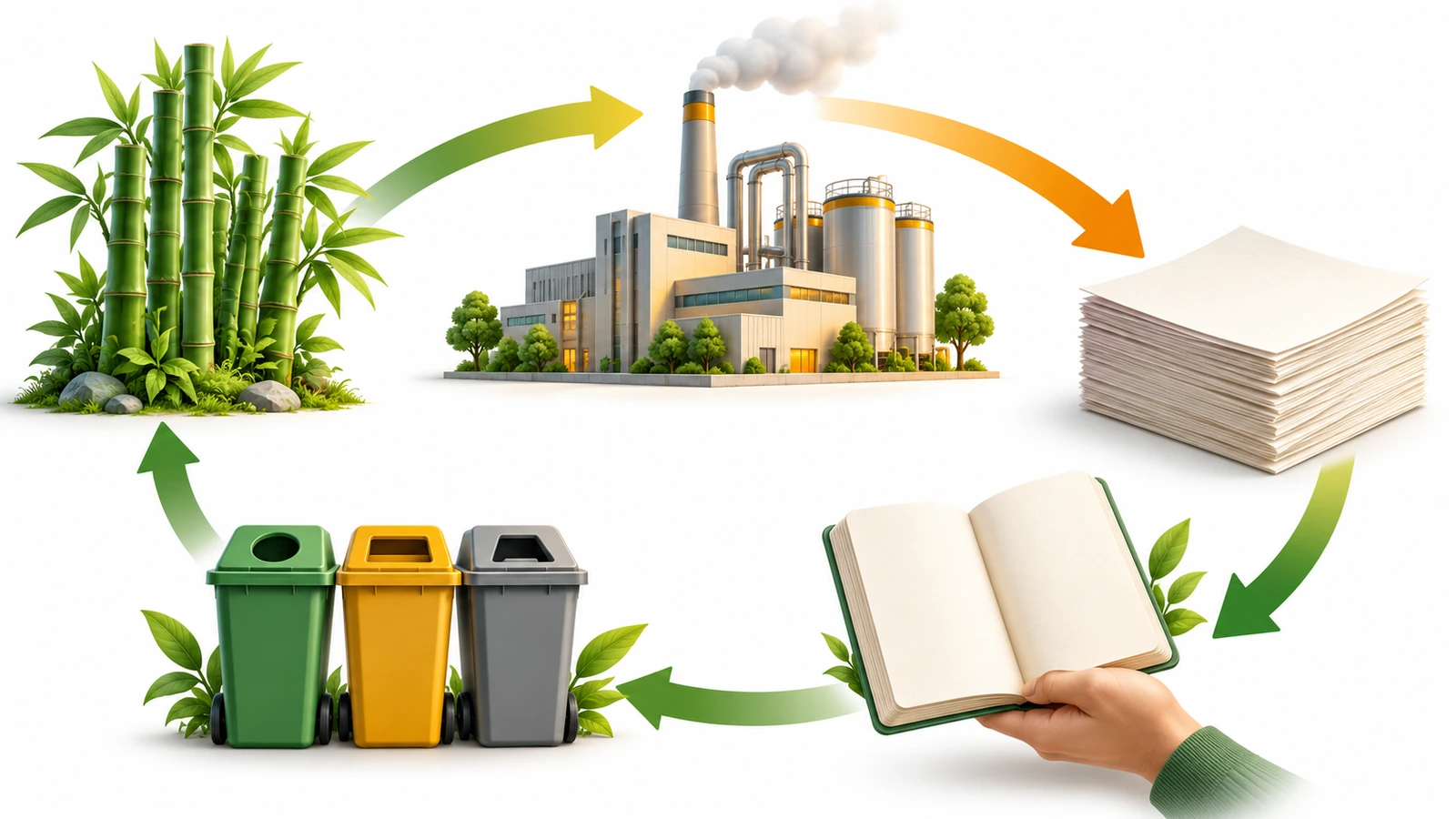 دورة حياة دفتر خيزران، من بستان خيزران مُدار مرورًا بالمعالجة والورق والاستخدام ونهاية العمر الافتراضي، توضح أين يرتفع الأثر البيئي وأين ينخفض