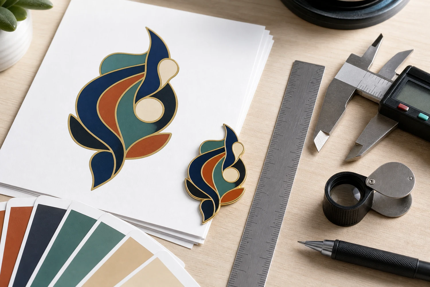 مصمم يفحص المسارات المتجهية ومراجع Pantone وعروض الخطوط وحجم النص ومواضع السنون قبل إنتاج الدبابيس