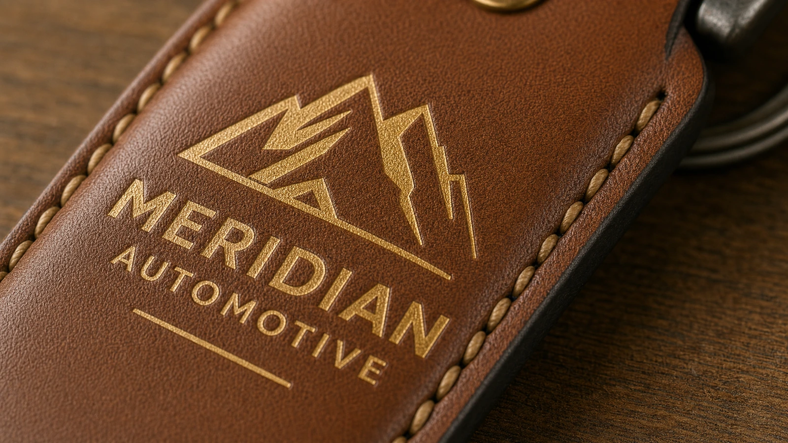 صورة مقربة لميدالية مفاتيح بنية مخيطة بشعار جبل بلون ذهبي وكتابة Meridian Automotive