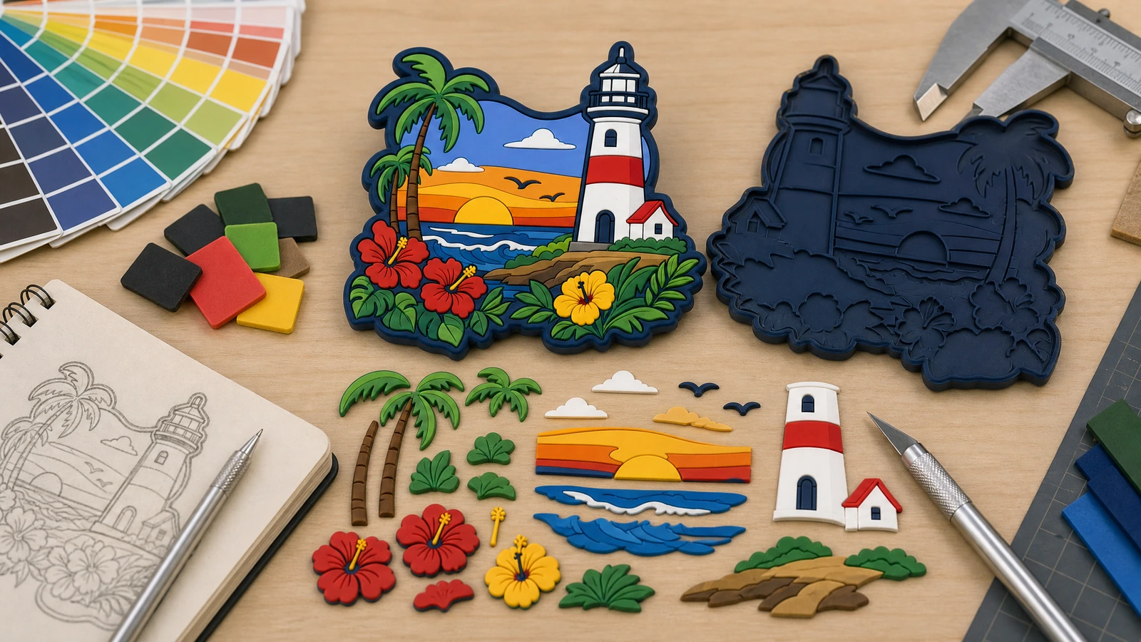 صورة توضيحية لمغناطيس PVC بتصميم منارة، بوجه غير ملون وقطع ألوان منفصلة، بجوار رسم تخطيطي وأداة قياس (كاليبر)