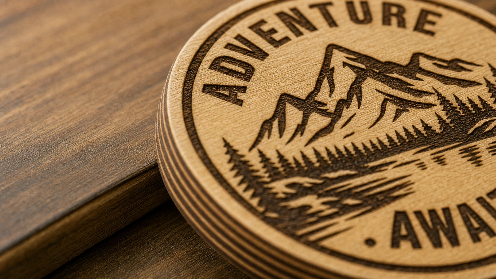 سطح خشبي محفور وحافة متعددة الطبقات لقطة مقربة لنقش الجبل ونقش «Adventure Awaits» على قرص خشبي متعدد الطبقات