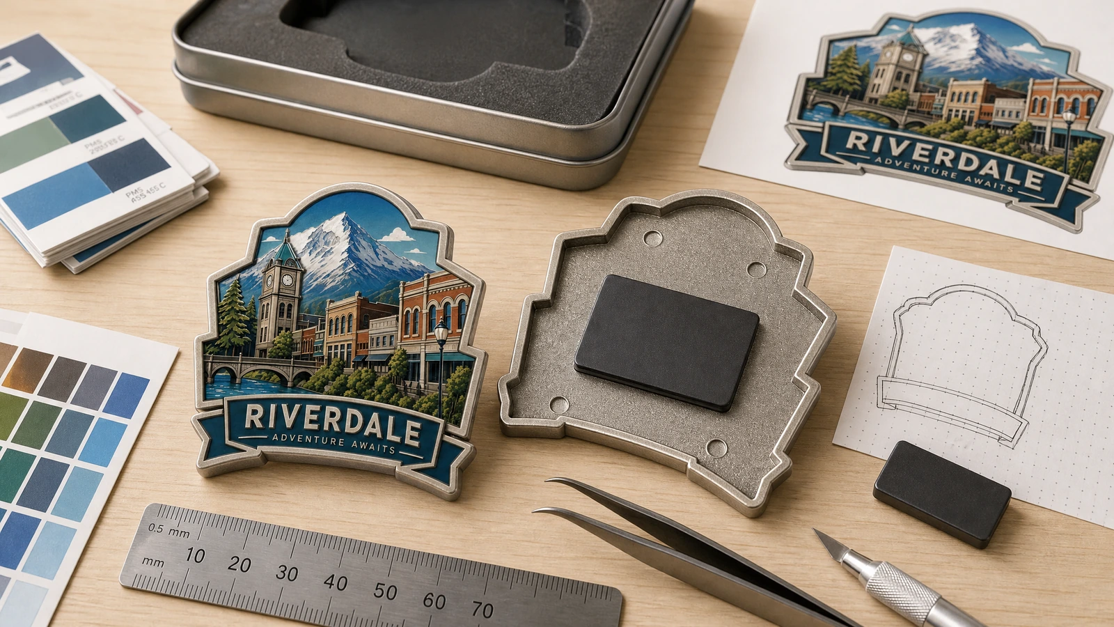 مغناطيس تذكاري توضيحي من Riverdale، الوجه الخلفي، والعمل الفني وعينات الألوان بجانب مسطرة