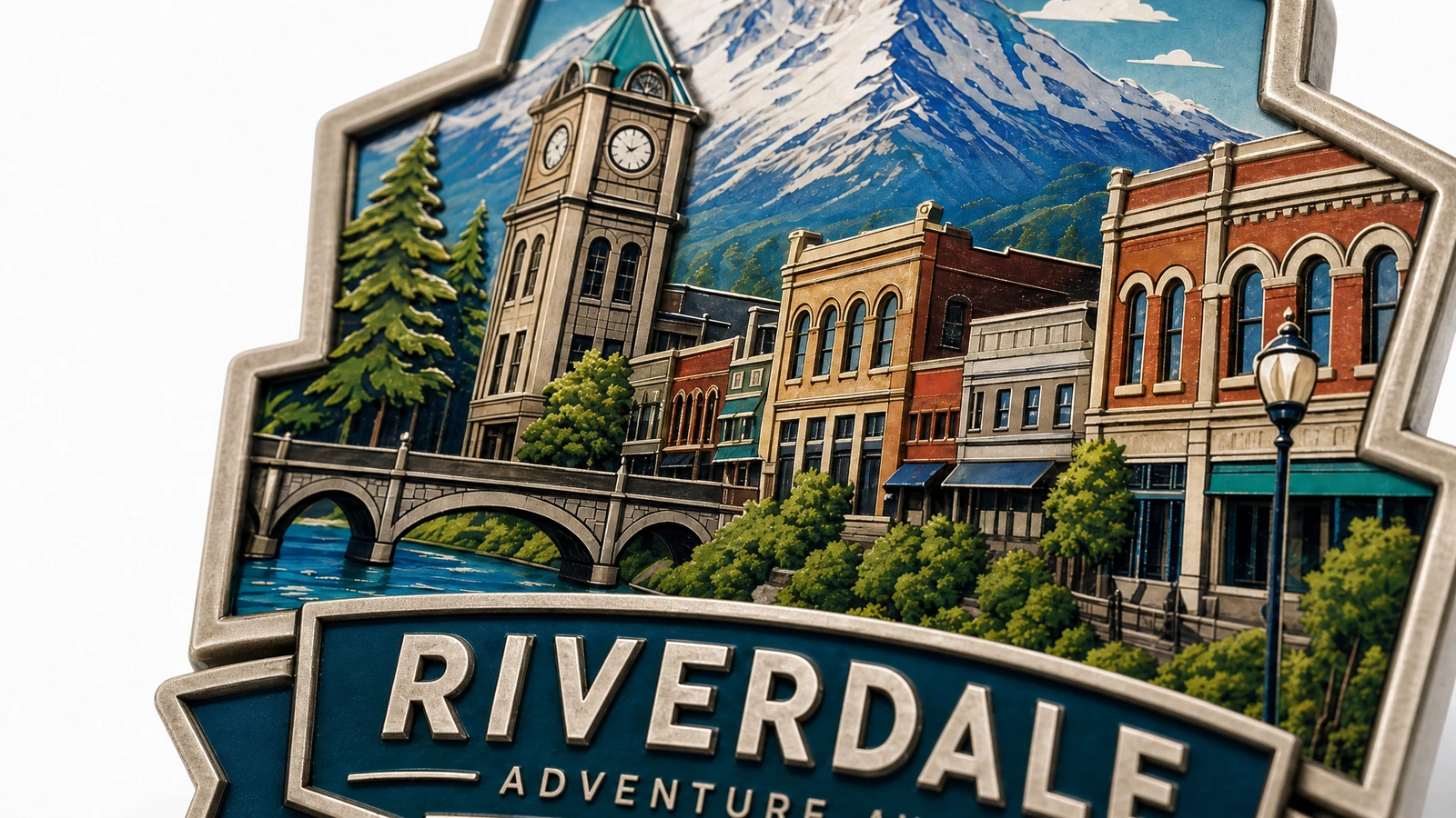 لقطة مقربة توضيحية لمباني ورسم جبلي وحروف Riverdale على وجه المغناطيس