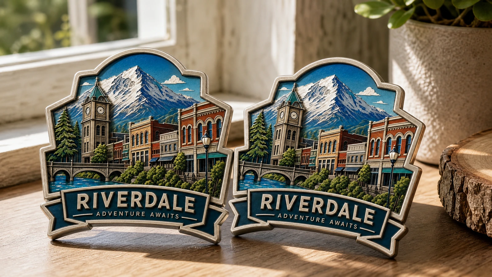 زوج توضيحي من مغناطيسات Riverdale التذكارية على عتبة نافذة خشبية