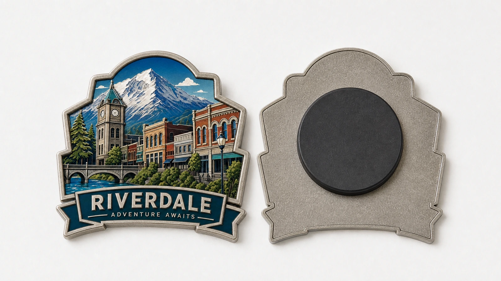 واجهة مغناطيس Riverdale توضيحية بجانب ظهر بلون معدني مع مغناطيس دائري أسود
