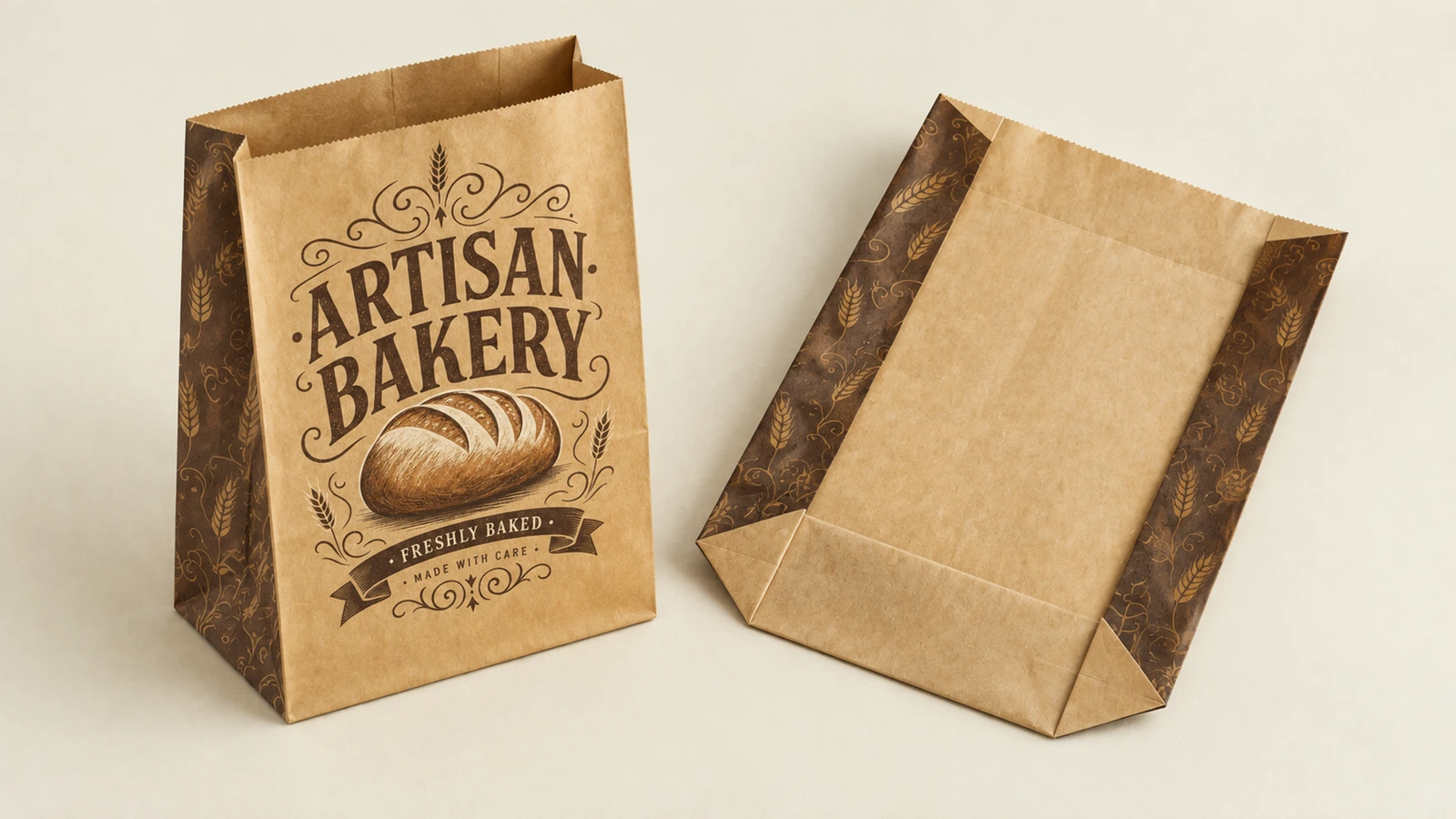 منظران أمامي وخلفي لكيس ورق للمخبوزات منظر أمامي وخلفي لأكياس ورق بنية من ARTISAN BAKERY ذات ألواح جانبية مزخرفة