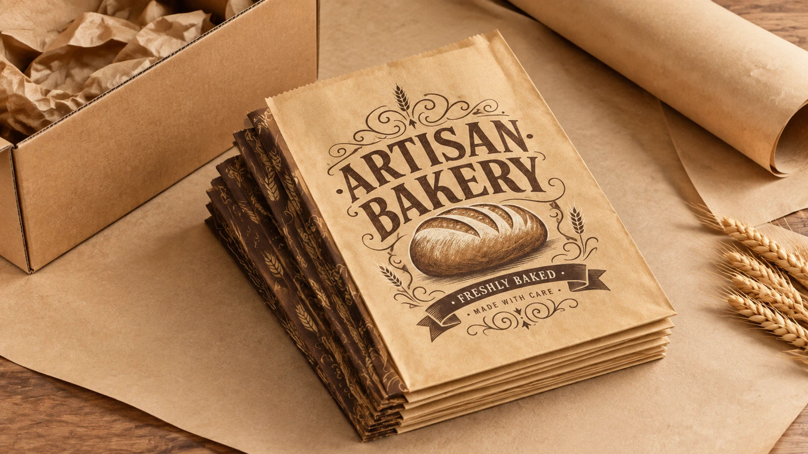 أكياس مخبوزات مسطحة ومواد تغليف كومة من أكياس ARTISAN BAKERY المسطحة بجانب صندوق كرتون وورق تغليف وقمح