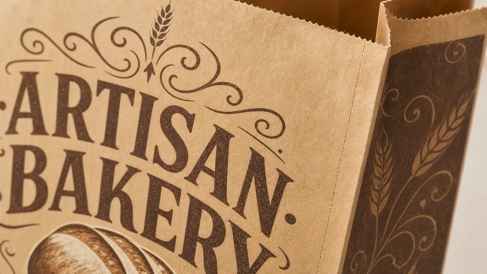 تفاصيل طباعة كيس المخبوزات وفتحته صورة مقرّبة للطباعة الخاصة بـ ARTISAN BAKERY وفتحة الكيس المسننة