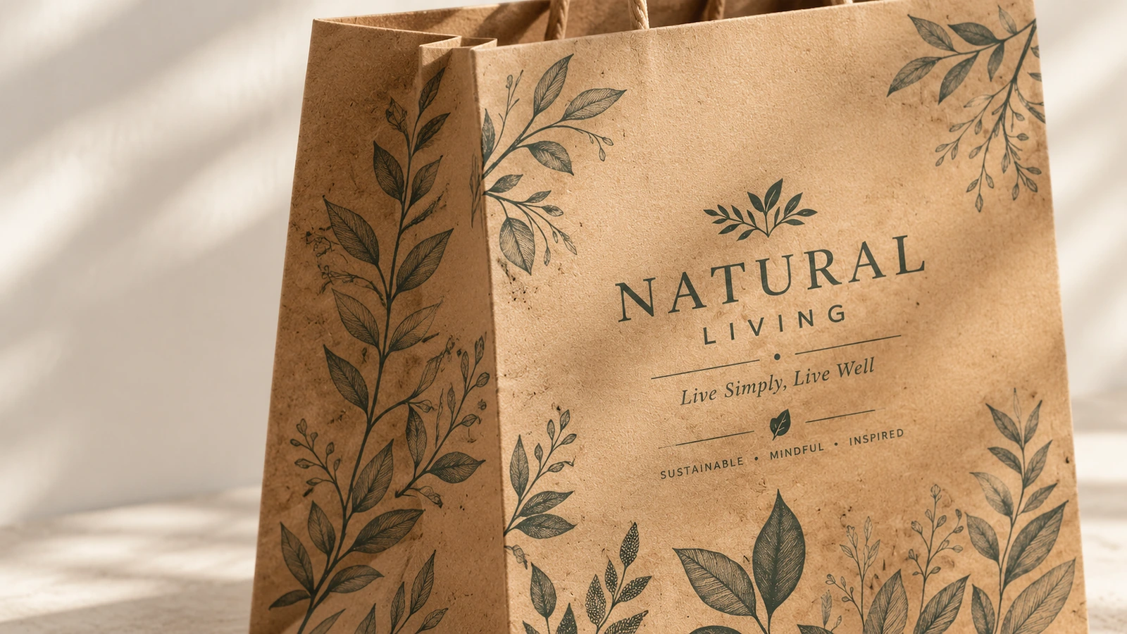 كيس ورق بني مطبوع بأوراق صورة مقرّبة لكيس ورق بني مطبوع بأوراق وبكتابة «NATURAL LIVING»