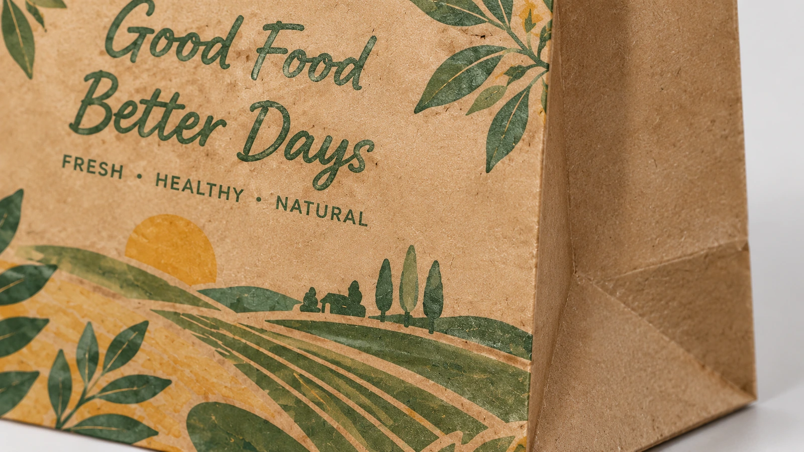 سطح ورق بني مطبوع صورة مقربة لحروف Good Food Better Days ورسومات الريف على ورق بني