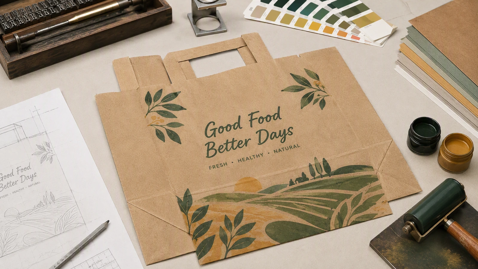 تصميم أكياس بمقابض مسطحة ومواد الطباعة كيس ورق بني مسطح بتصميم Good Food Better Days بجوار رسم وأحبار وعينات ألوان