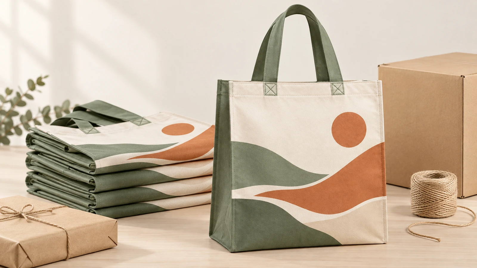 حقائب Tote مطبوعة ومواد تغليف حقيبة Tote بطباعة منظر طبيعي منتصبة وأكياس مطوية بجانب صندوق من الكرتون وخيط