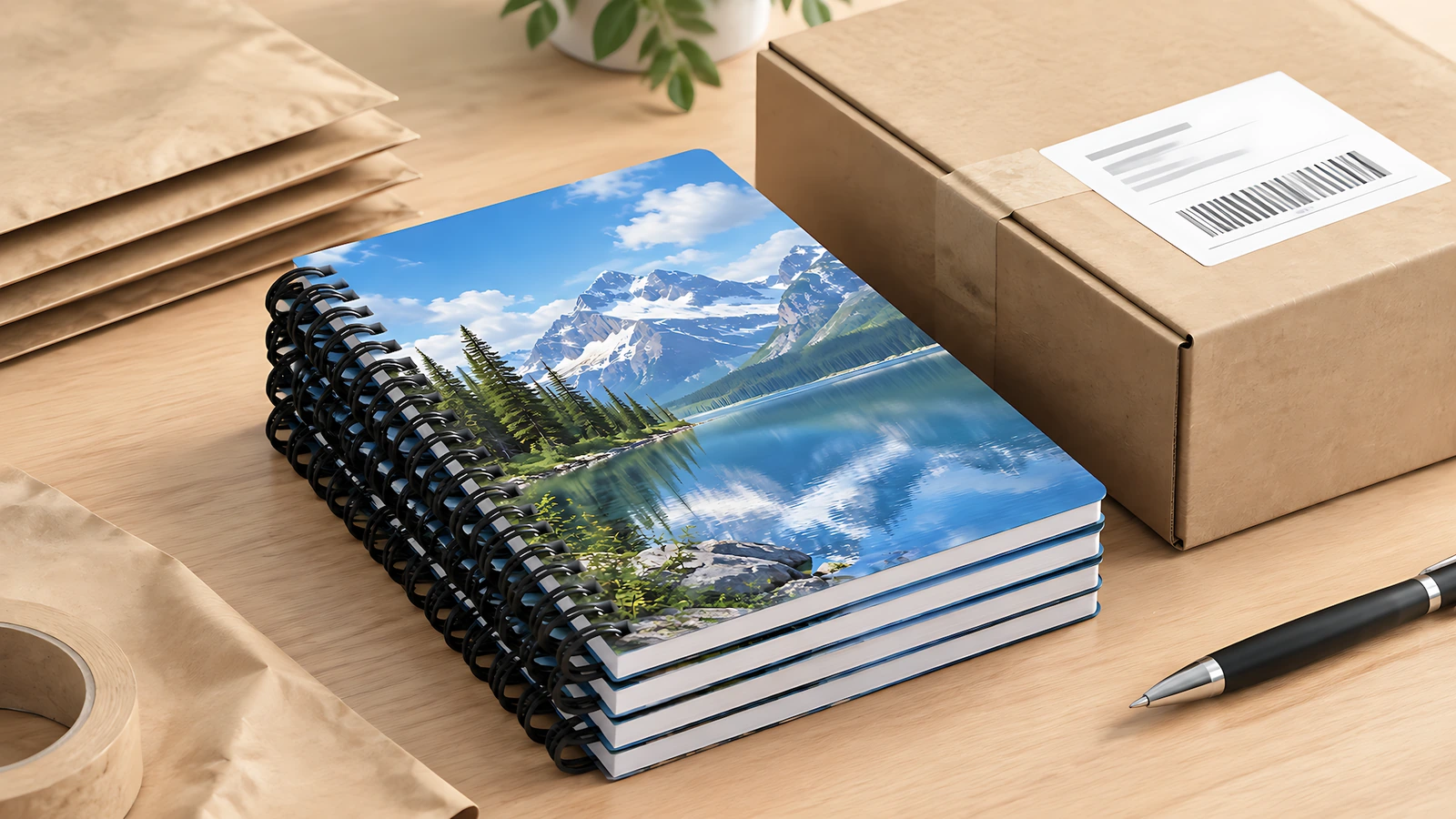 رسم توضيحي لكومة من دفاتر بتصميم البحيرة بجوار كرتونة مُعنونة وأظرف كرافت