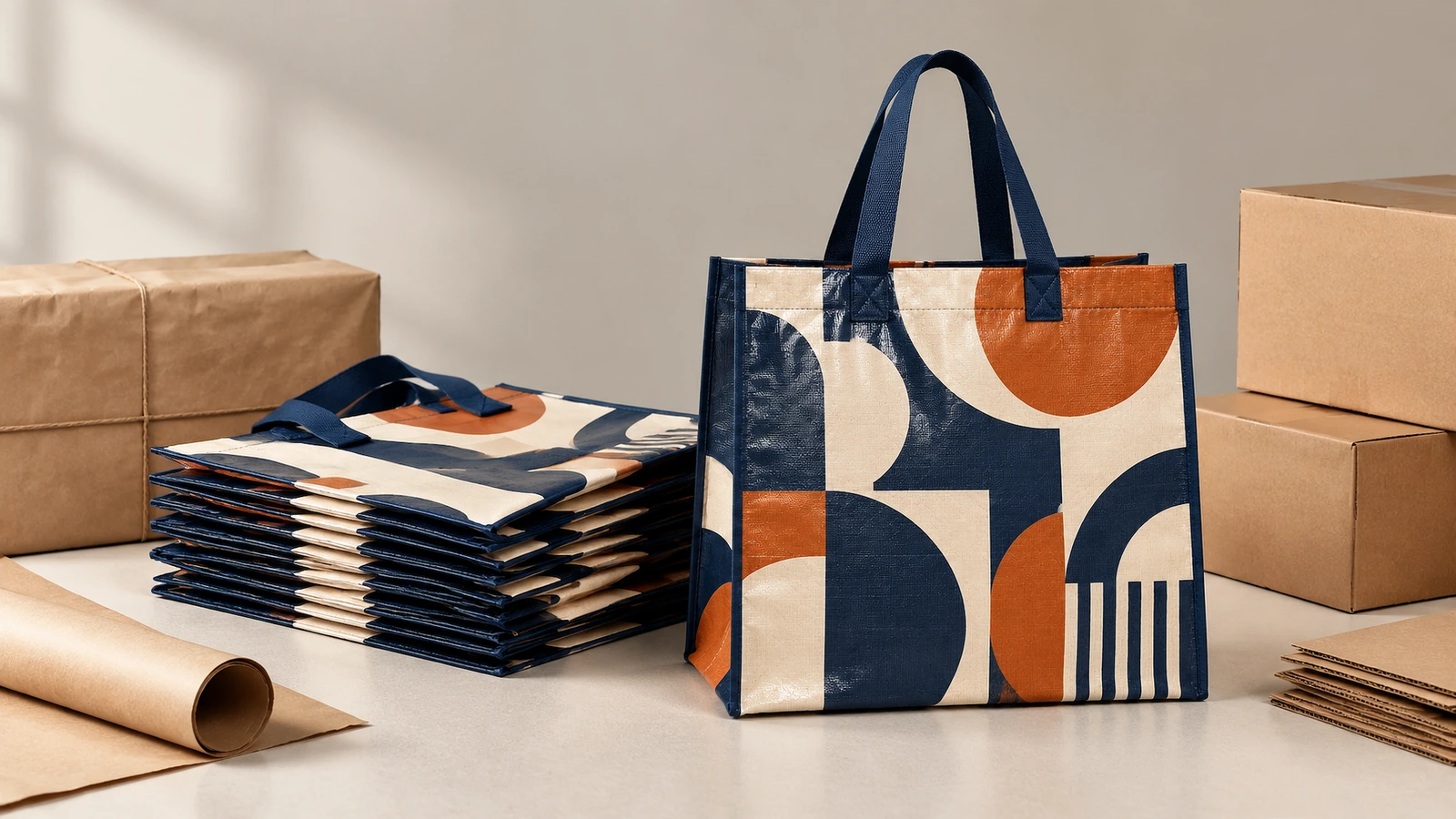 حقيبة توت مزخرفة وحقائب مطوية للتغليف حقيبة توت مزخرفة منتصبة وحقائب مطوية بجانب علب كرتون عادية