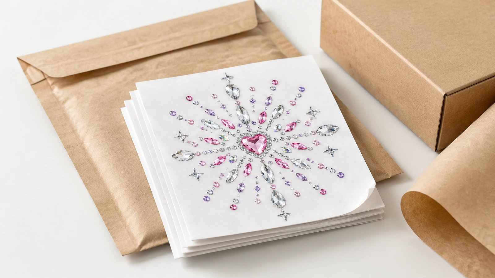 أوراق زخارف راينستون مع تغليف كرافت كومة من الأوراق البيضاء عليها زخارف راينستون بمركز على شكل قلب، بجانب ظرف كرافت وعلبة ولفة ورق