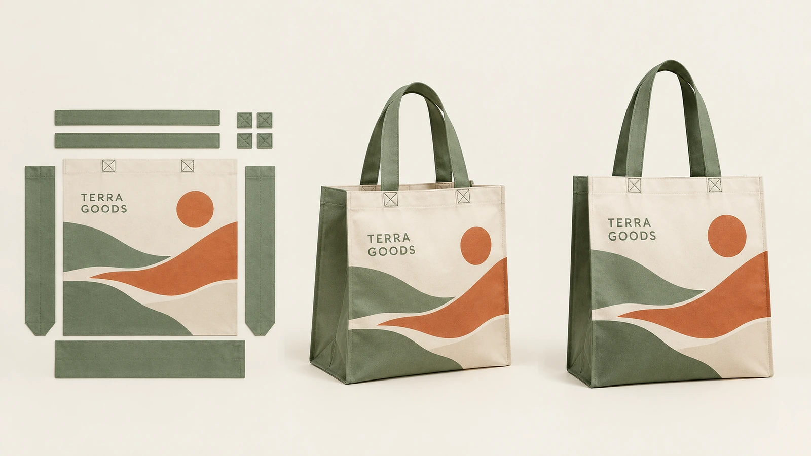 مكونات حقيبة Tote وأمثلة لحقائب مجمّعة قطع نمط حقيبة Tote موضحة بجانب حقيبتين جاهزتين بطباعة منظر طبيعي