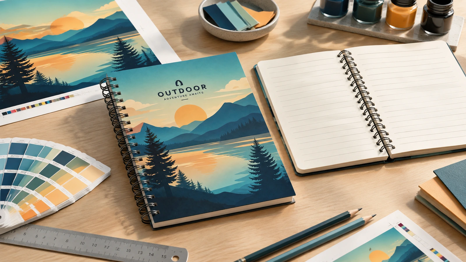 مفهوم غلاف الدفتر والداخل المسطّر مفهوم لدفتر بغلاف أفقي ودفتر مسطّر مفتوح بجانب تصميم فني وعينات ألوان وأدوات رسم